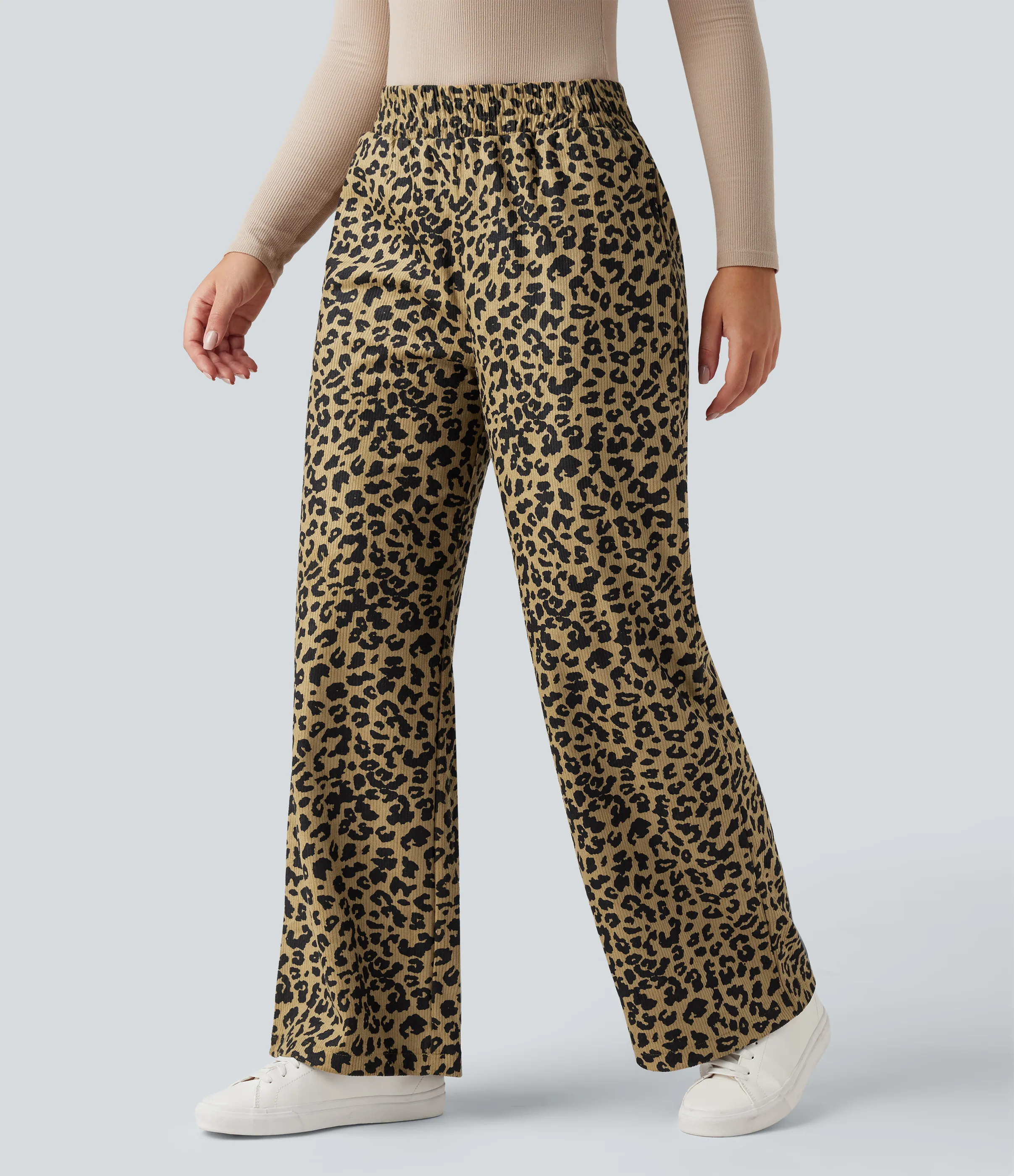 Halara Pantalones holgados casuales de pana con estampado de leopardo y tiro alto con bolsillos - Black Yellow Leopard Print - M(regular) sold by Halara product image thumbnail 4
