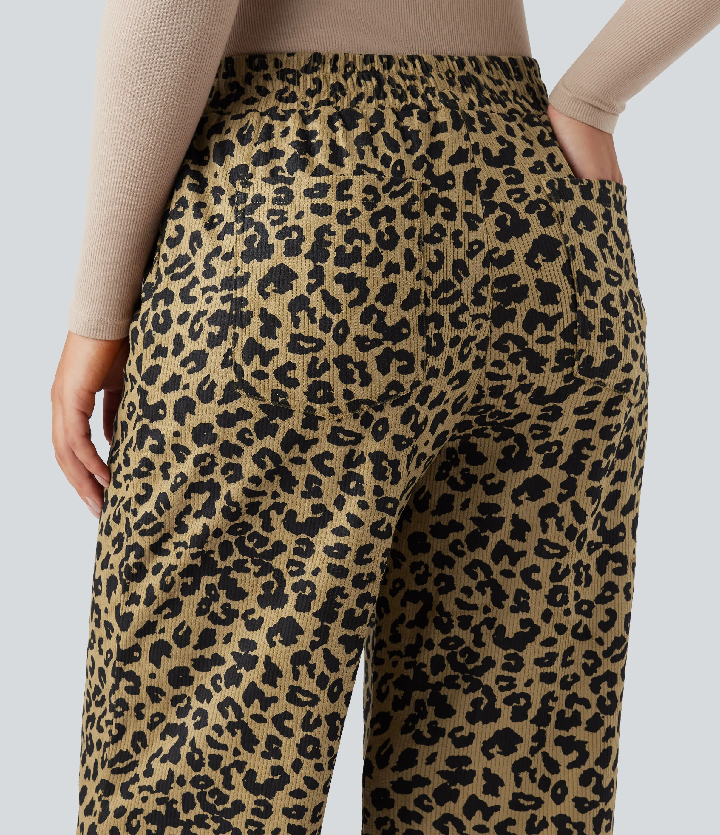 Halara Pantalones holgados casuales de pana con estampado de leopardo y tiro alto con bolsillos - Black Yellow Leopard Print - M(regular) sold by Halara product image thumbnail 5