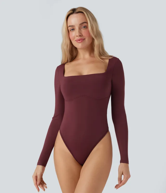 Halara Body de oficina ajustado con escote cuadrado de manga larga y sujetador incorporado - Chocolate Truffle - XL sold by Halara