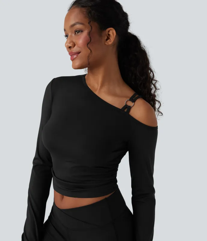 Halara Top deportivo de yoga SoftlyZero™ Airy de tacto fresco de manga larga fruncida con un solo hombro y aberturas para los pulgares - UPF 50+ - Black - M sold by Halara