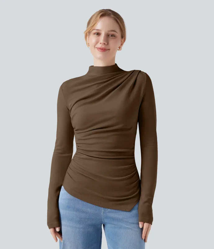 Halara Top casual térmico de cuello alto de manga larga con dobladillo asimétrico fruncido - Cocoa - XL sold by Halara