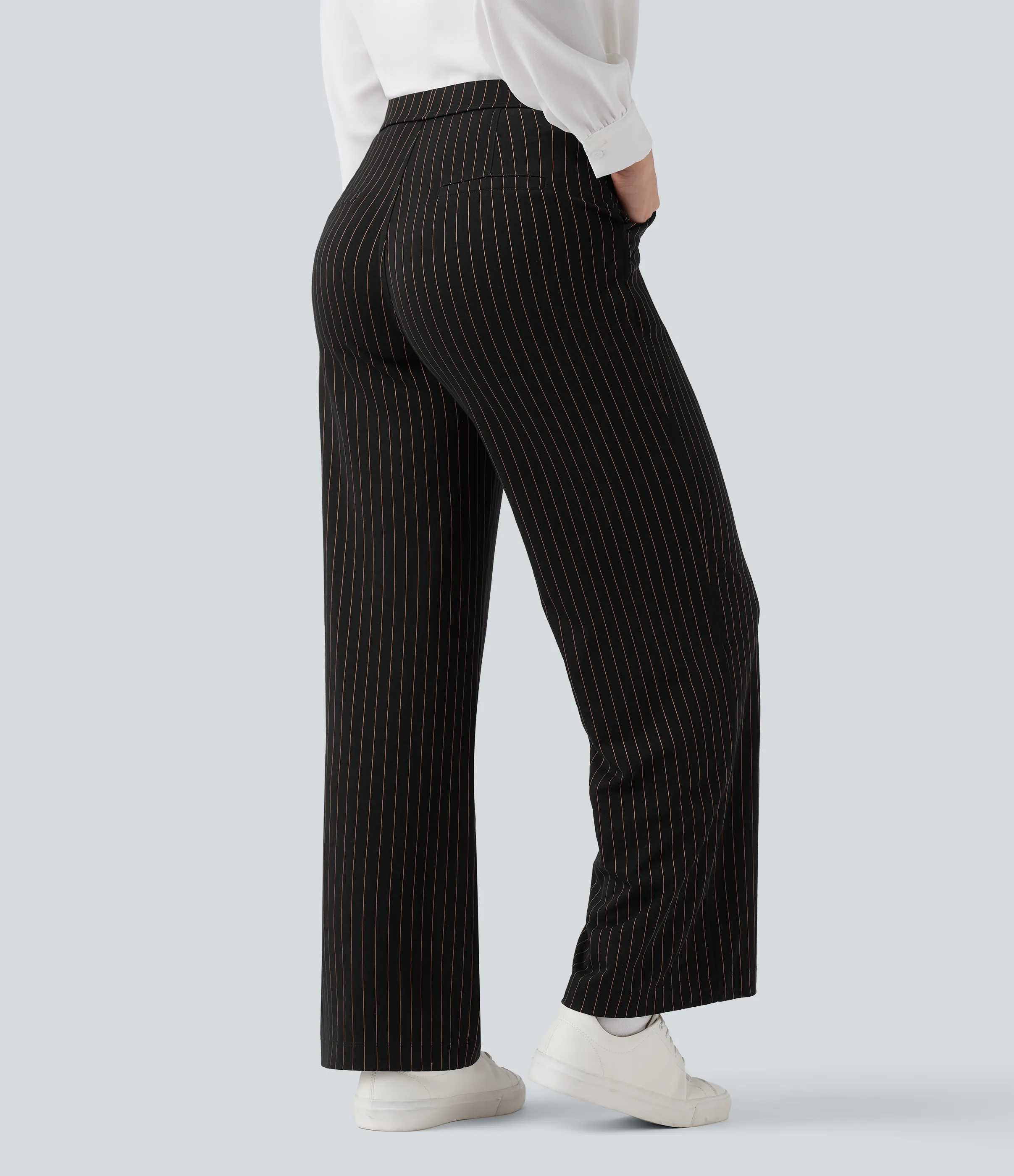 Halara Pantalones de oficina rectos de tiro alto con rayas y tacto fresco con bolsillos - Black Brown Black Pinstripe - S(regular) sold by Halara product image thumbnail 2