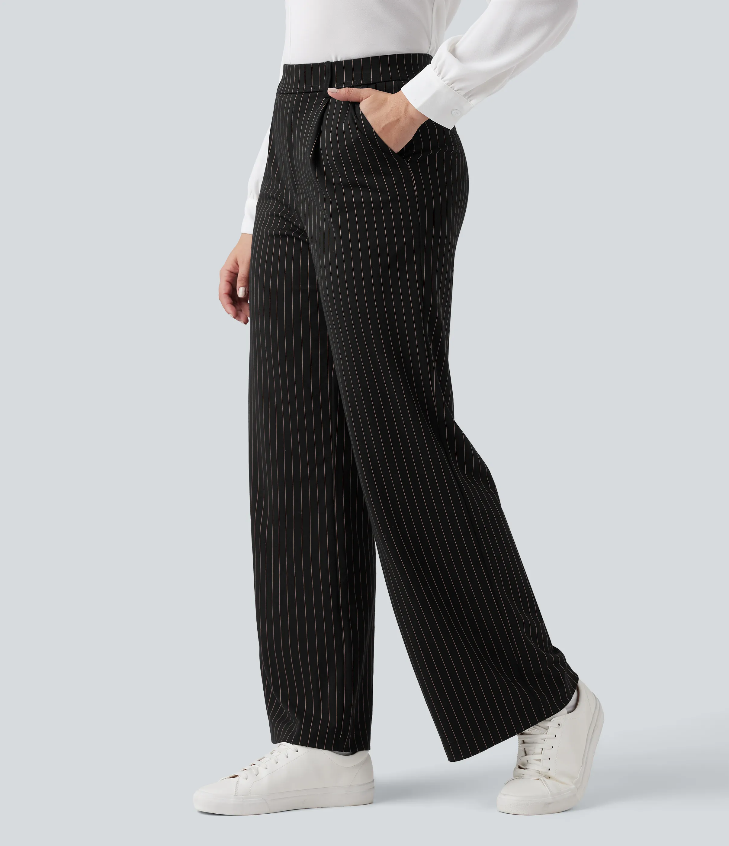 Halara Pantalones de oficina rectos de tiro alto con rayas y tacto fresco con bolsillos - Black Brown Black Pinstripe - S(regular) sold by Halara product image thumbnail 4