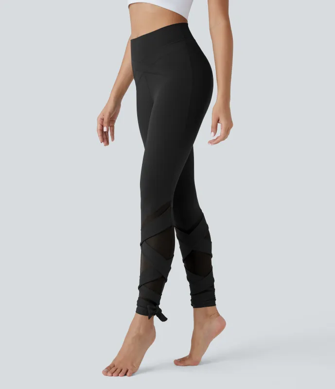 Halara Leggings yoga Softlyzero™ 7/8 cordón cruzado malla contrastante tiro alto - Black - M(7/8) sold by Halara