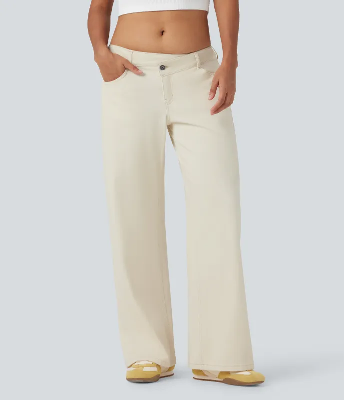 Halara Jeans Baggy Halara Flex™ Denim elástico lavado pierna ancha holgado múltiple bolsillo cierre botón tiro bajo asimétrico - Light Khaki Denim - S(regular) sold by Halara