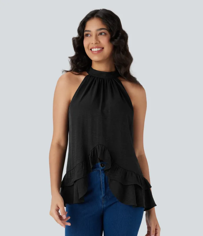 Halara Top asimétrico cuello alto sin mangas botón dobladillo volante - Black - XL sold by Halara