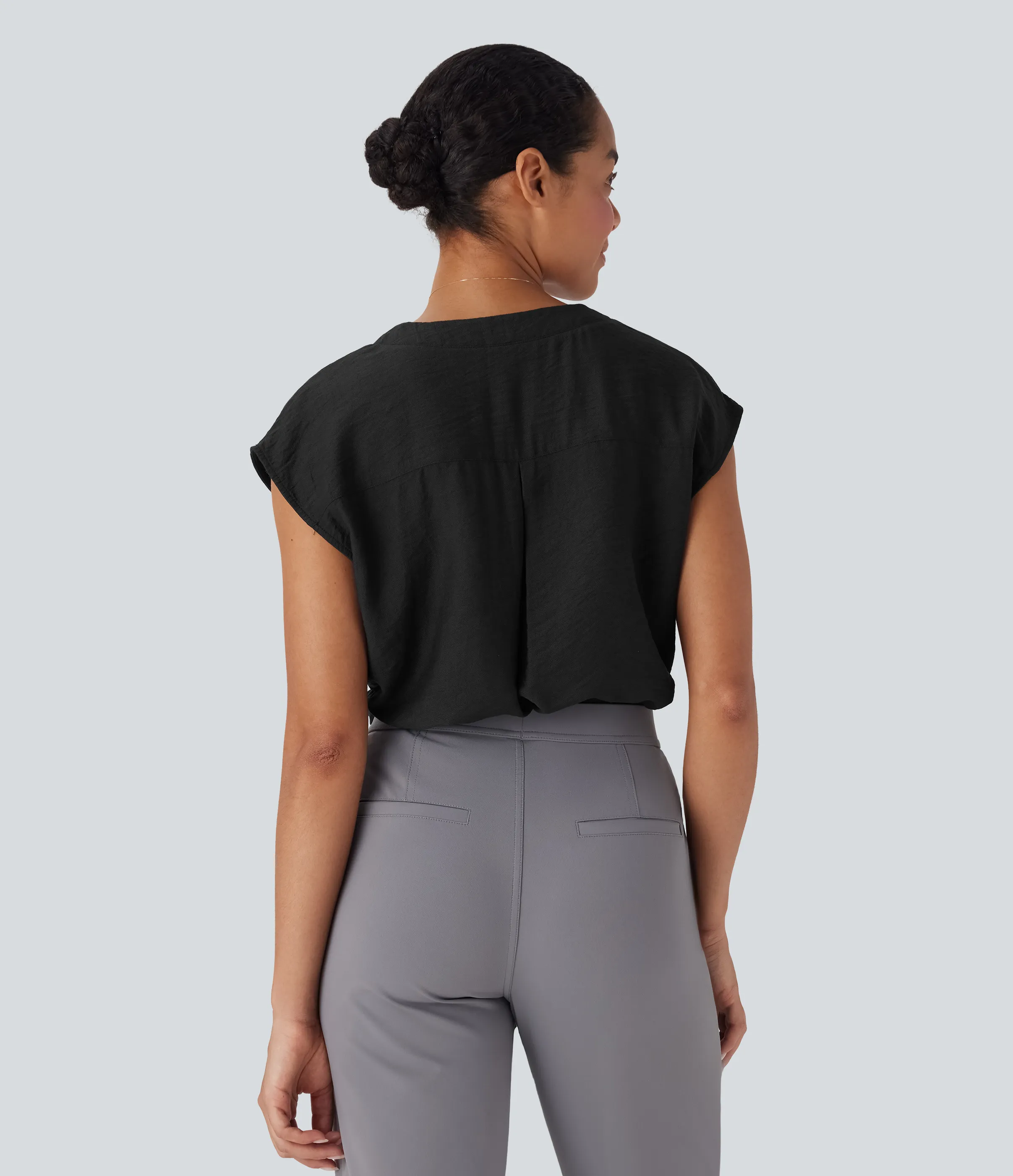 Halara Blusa de oficina de manga corta con botones decorativos y cuello en V - Black - M sold by Halara product image thumbnail 3