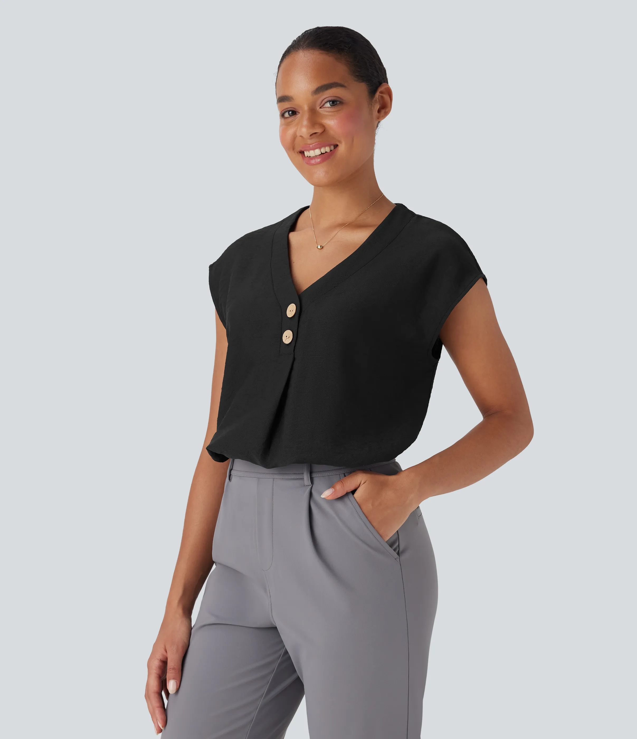 Halara Blusa de oficina de manga corta con botones decorativos y cuello en V - Black - M sold by Halara product image thumbnail 4