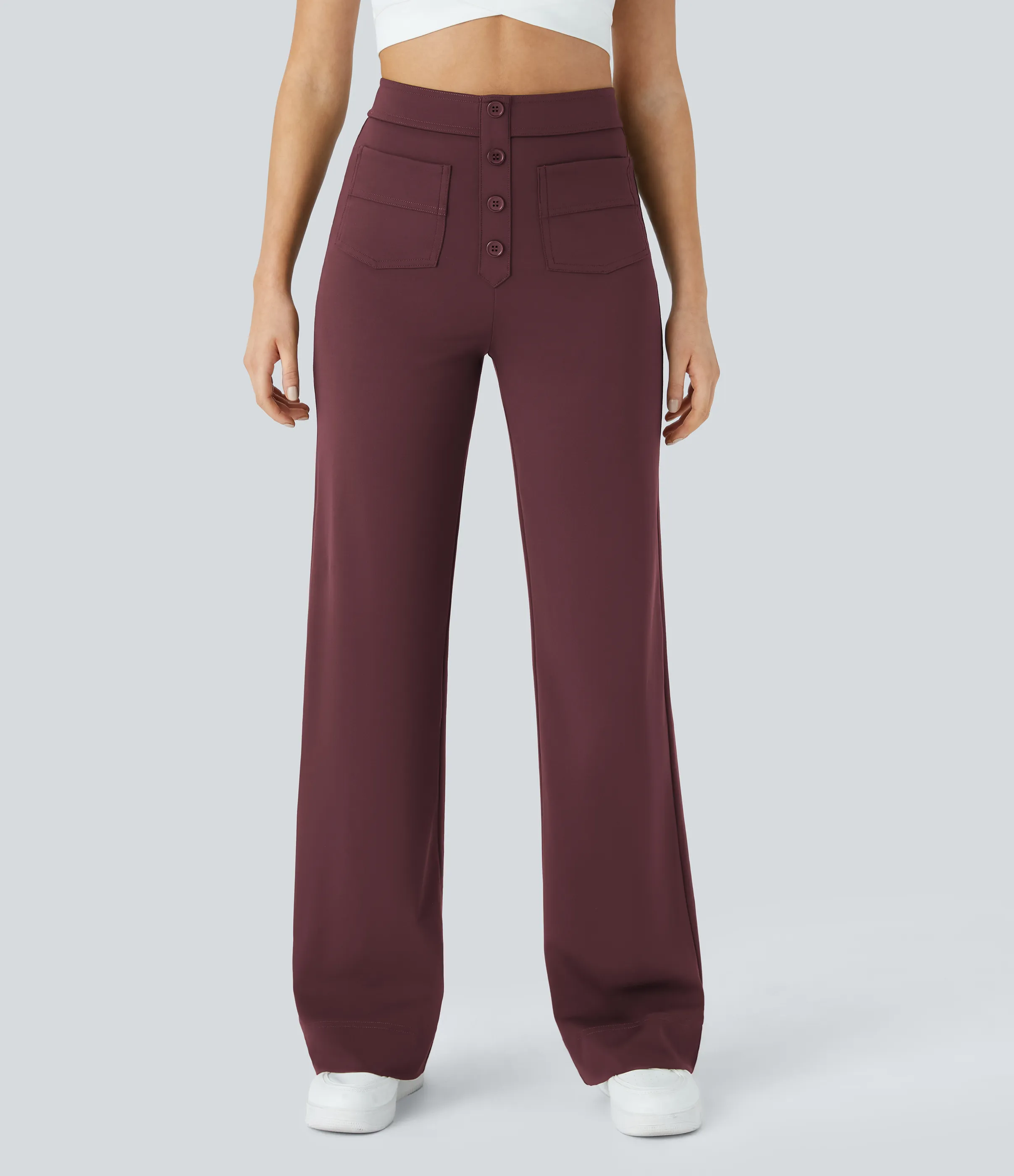 Halara Pantalones pierna recta múltiple bolsillo botón tiro alto - Red Mahogany - XS(regular) sold by Halara