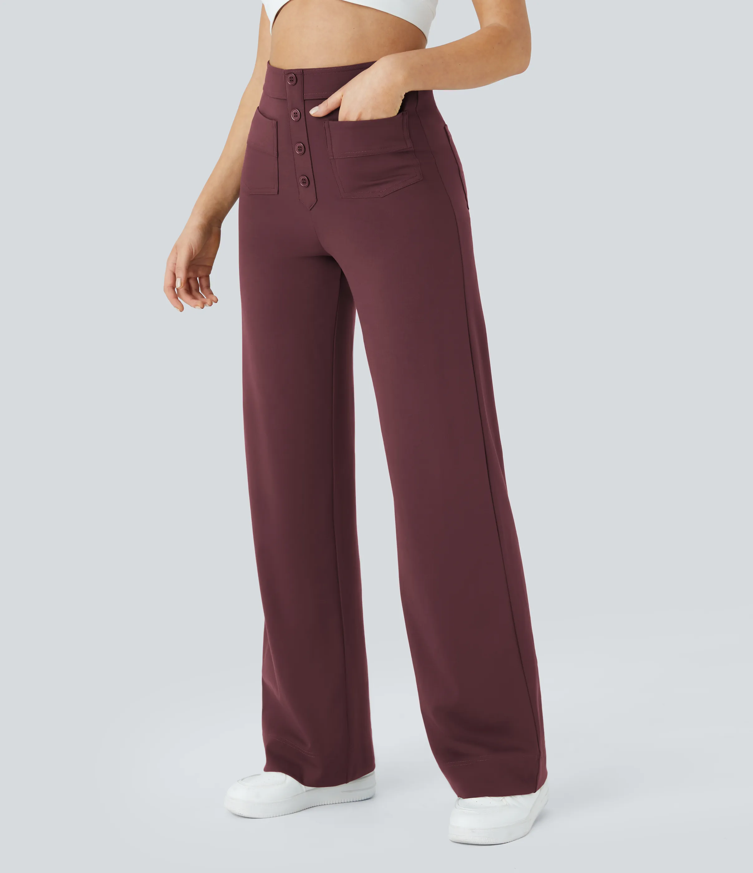Halara Pantalones pierna recta múltiple bolsillo botón tiro alto - Red Mahogany - XS(regular) sold by Halara product image thumbnail 4