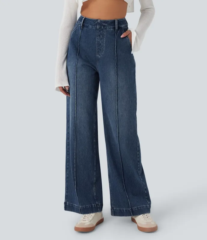 Halara Jeans anchos Halara Flex™ de tiro alto tipo desgastado casuales con bolsillos - Tide Blue Denim - XS(regular) sold by Halara