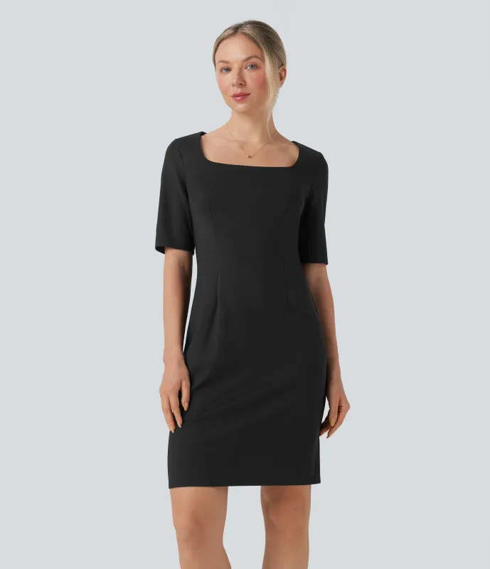 Halara Vestido de oficina ajustado de tubo con cuello cuadrado y media manga - Black - XL made by Halara