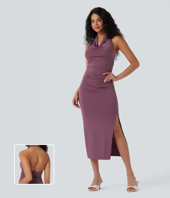 Halara Vestido midi ajustado con abertura sin mangas y cuello vuelto - Tulipwood - L sold by Halara