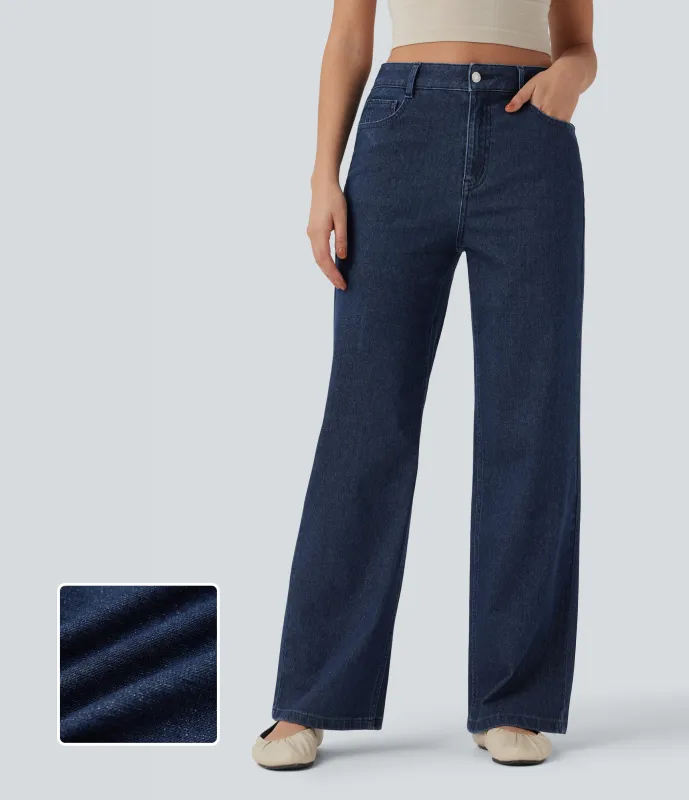 Halara Jeans casuales rectos Halara Flex™ metalizados de tiro alto con bolsillos - Estate Blue Denim - XL(regular) made by Halara