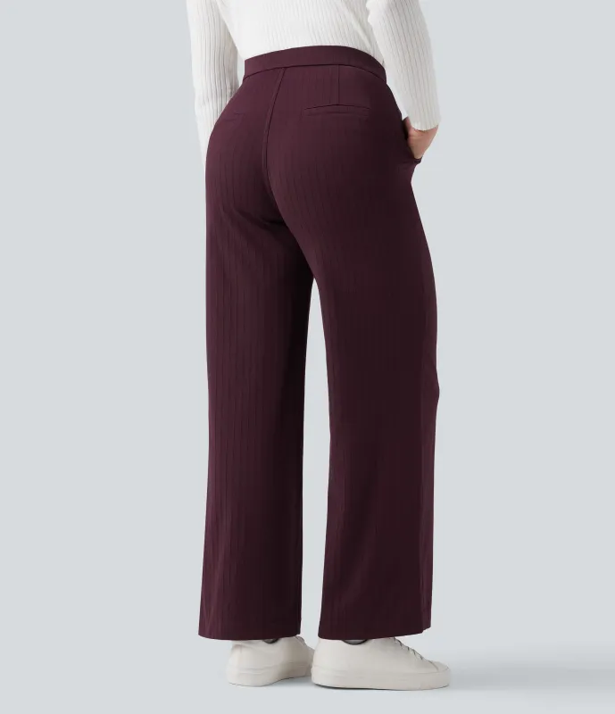 Halara Pantalones de oficina rectos de tiro alto con rayas y tacto fresco con bolsillos - Burgundy Pinstripe - S(regular) sold by Halara