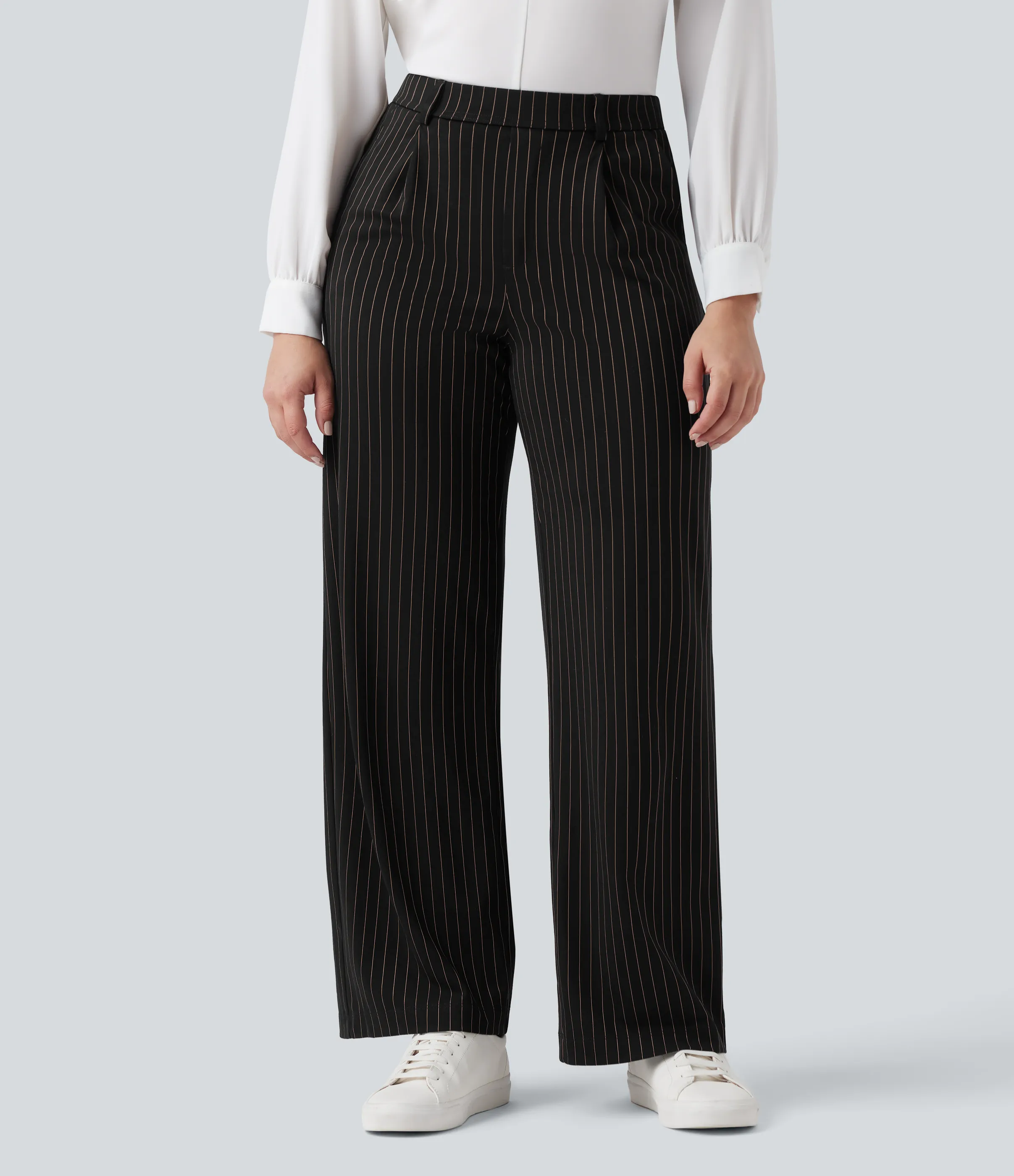 Halara Pantalones de oficina rectos de tiro alto con rayas y tacto fresco con bolsillos - Black Brown Black Pinstripe - M(regular) sold by Halara product image thumbnail 3