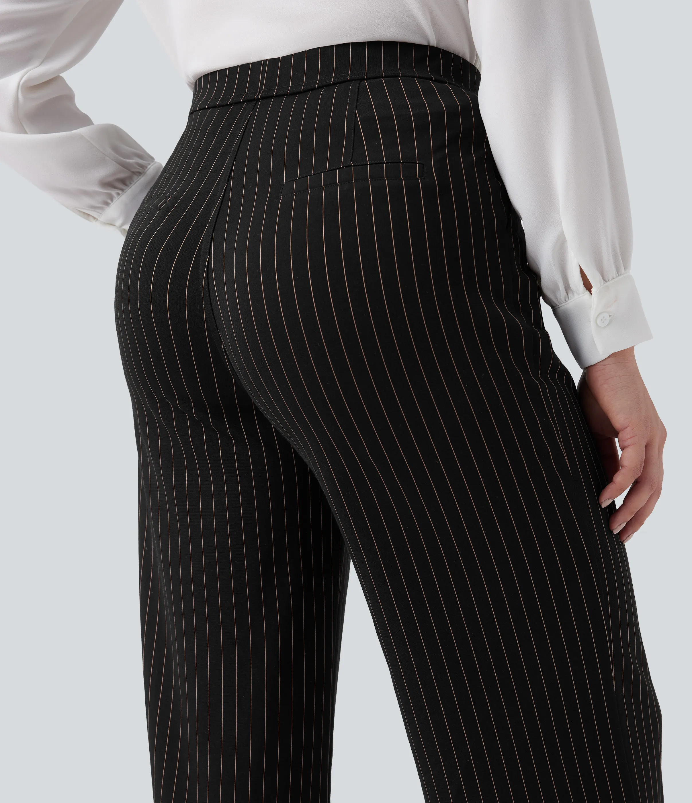 Halara Pantalones de oficina rectos de tiro alto con rayas y tacto fresco con bolsillos - Black Brown Black Pinstripe - M(regular) sold by Halara product image thumbnail 5