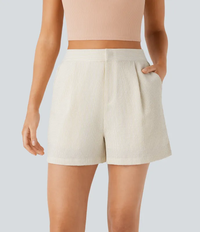 Halara Pantalón corto tiro alto cremallera bolsillo lateral raya 7.5cm - Orange White Stripe - XL made by Halara