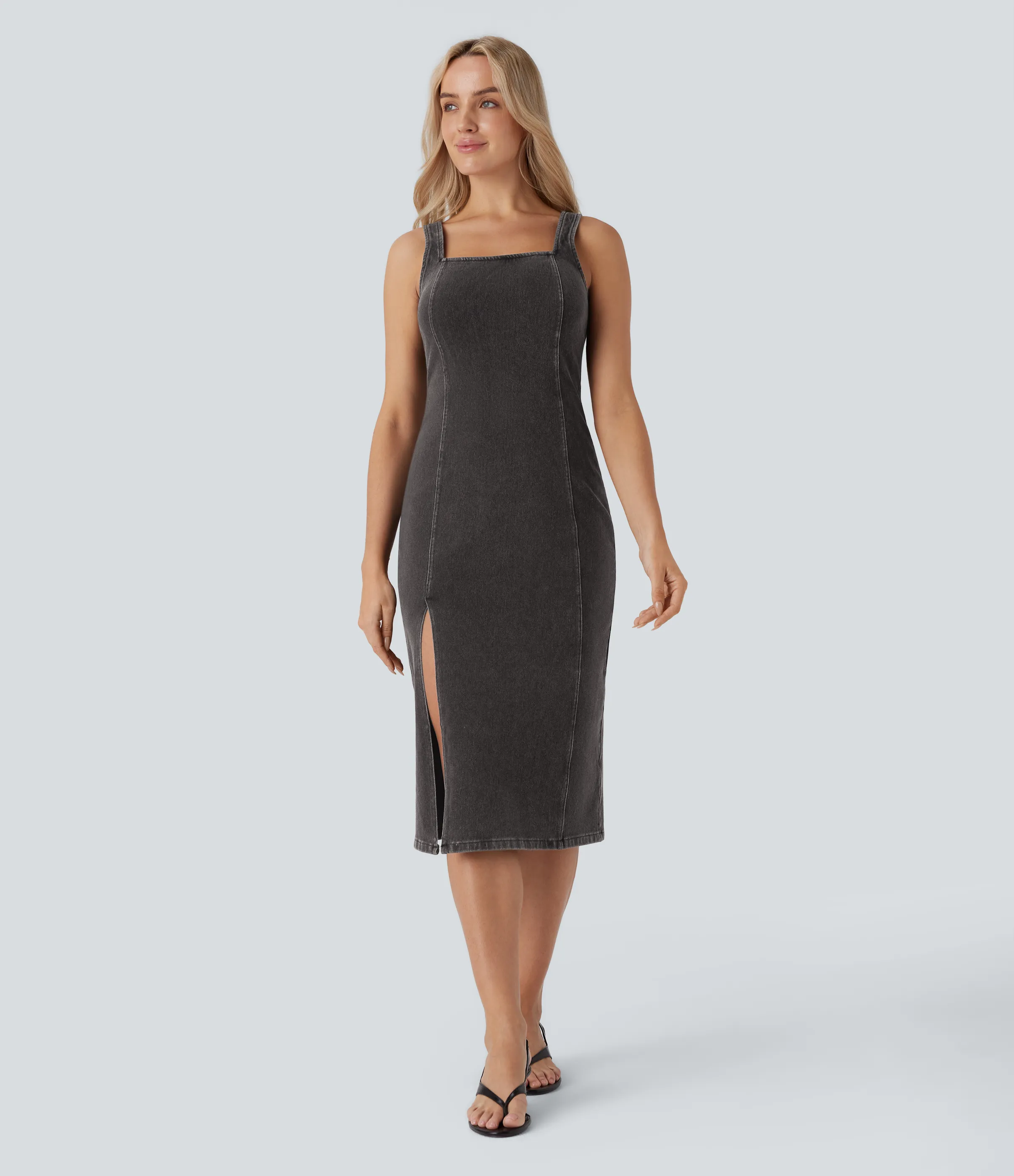 Halara Vestido Halara Flex™ Denim mezclilla elástico lavado media pierna cuello cuadrado sin mangas cremallera espalda abertura - Sandalwood Black Denim - L sold by Halara product image thumbnail 2