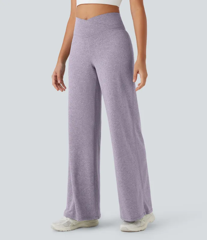 Halara Pantalones de yoga anchos de tiro alto cruzado con bolsillo trasero - Purple Ash Floral Yarn - XS(regular) sold by Halara