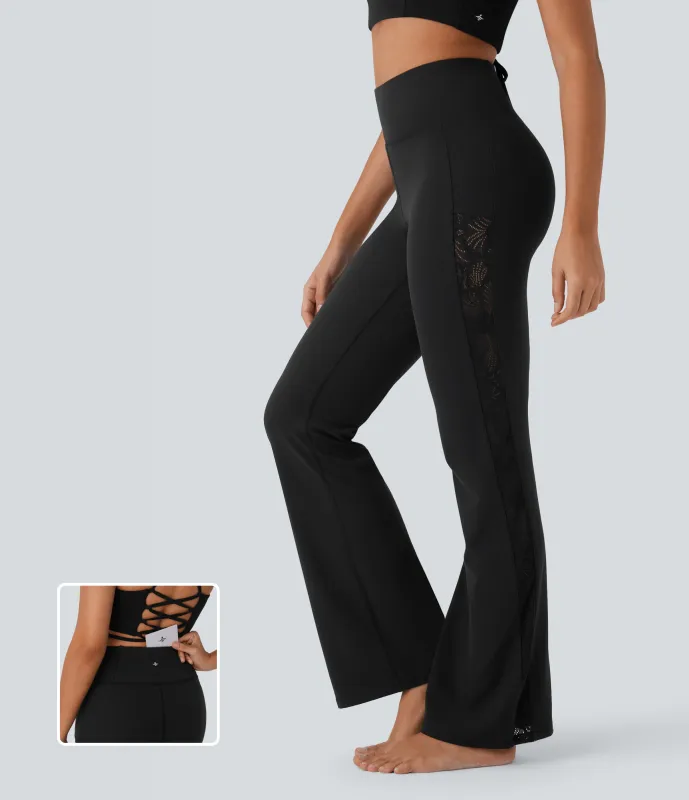 Halara Leggings acampanados de yoga Softlyzero™ UPF 50+ de tiro alto con encaje en contraste y bolsillo - Black - XL(regular) sold by Halara