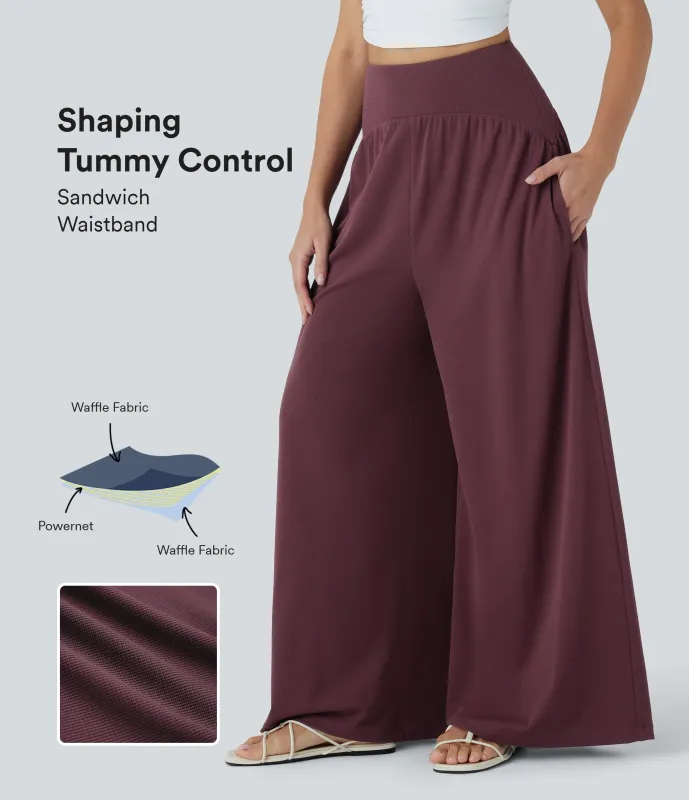 Halara Pantalones anchos casuales de tiro alto moldeadores de abdomen con bolsillos en tela gofre - Evening Red - XL(regular) sold by Halara