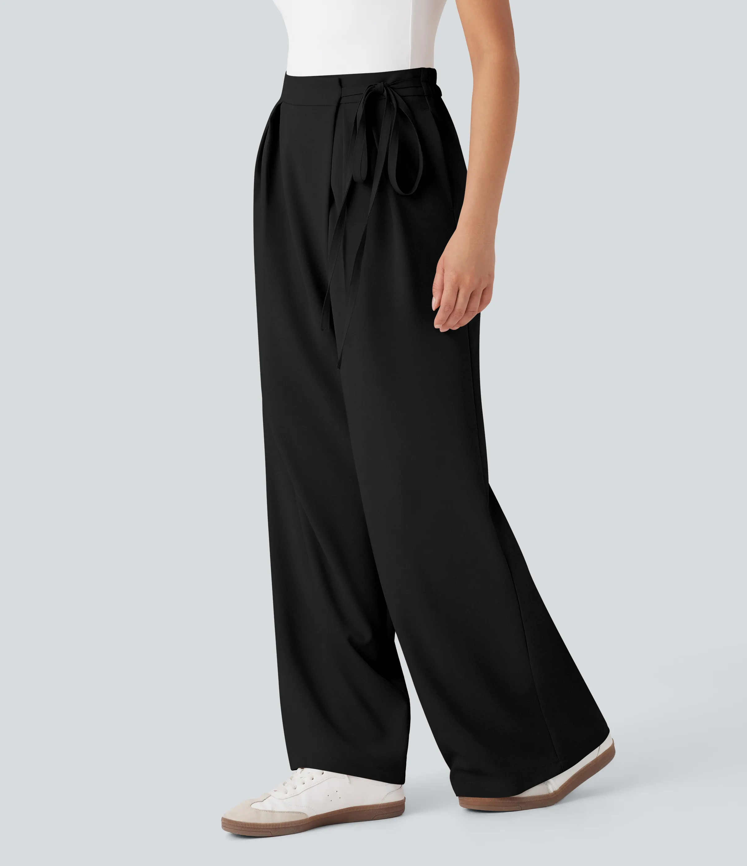 Halara Pantalones de oficina anchos de tiro alto con cremallera invisible, lazos laterales y bolsillos - Black - XS(regular) sold by Halara