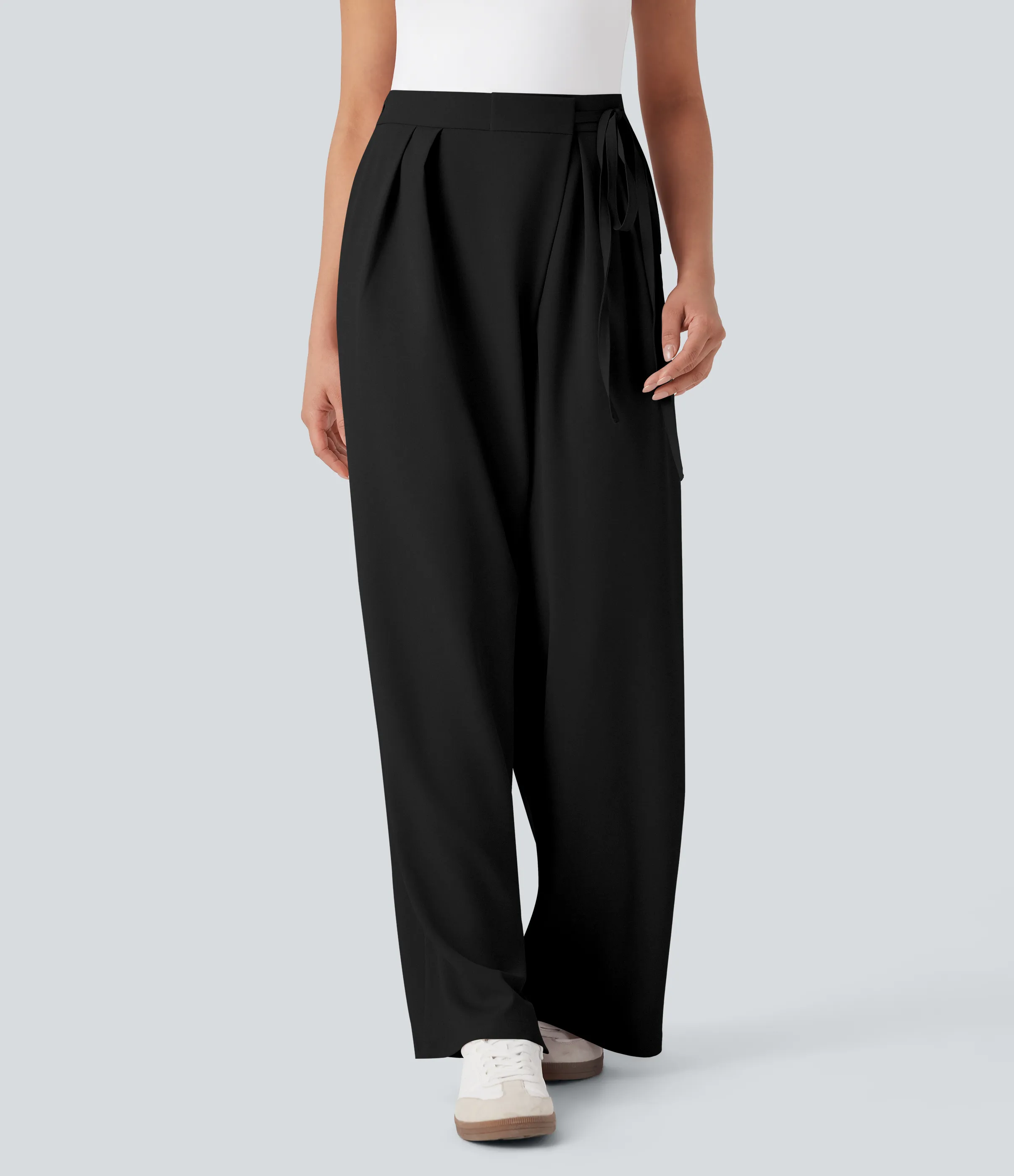 Halara Pantalones de oficina anchos de tiro alto con cremallera invisible, lazos laterales y bolsillos - Black - XS(regular) sold by Halara product image thumbnail 4