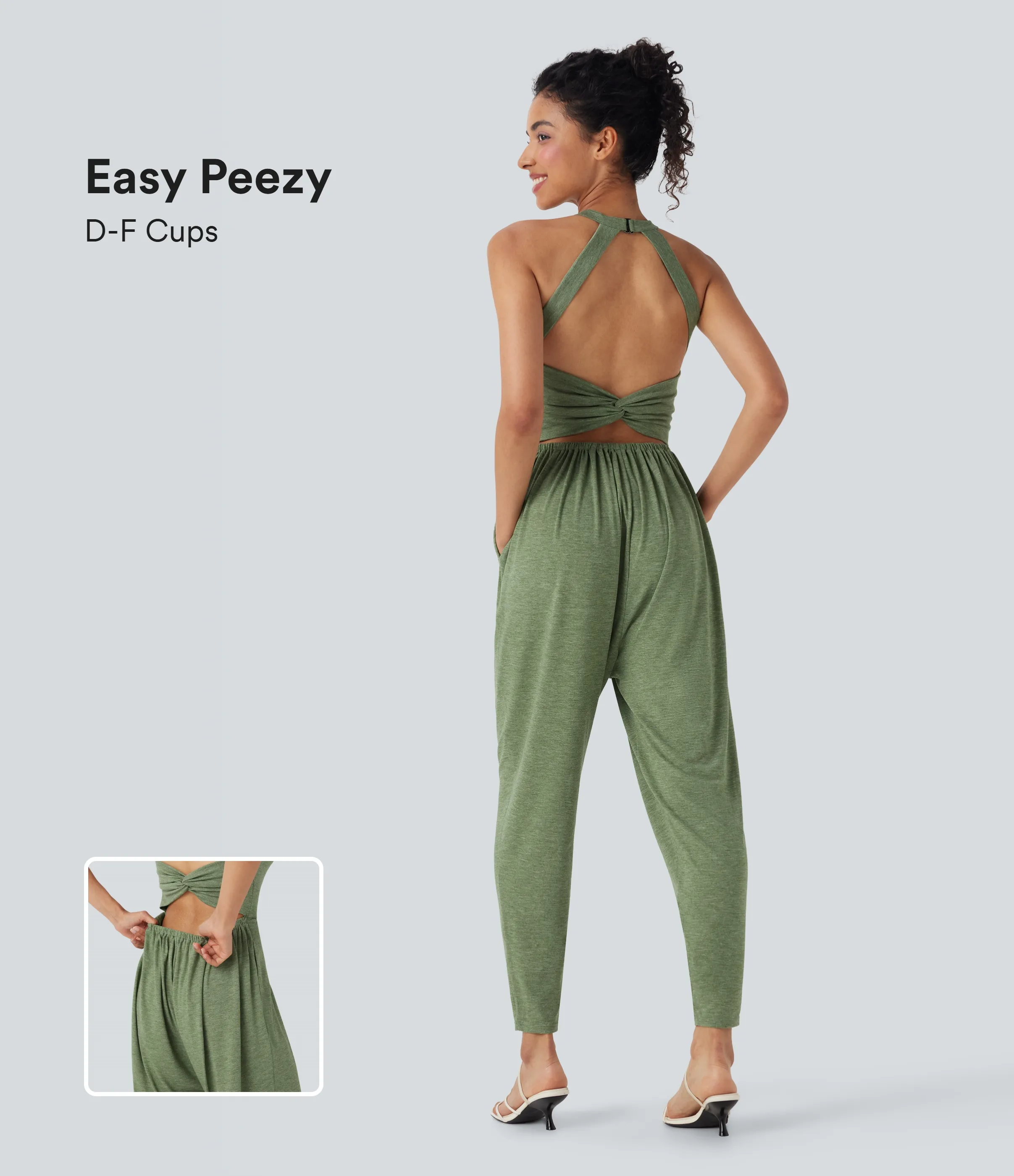 Halara Jumpsuit casual tipo harem con escote en U y bolsillos edición Easy Peezy en copas D-F - Light Green Floral Yarn - L(petite) sold by Halara