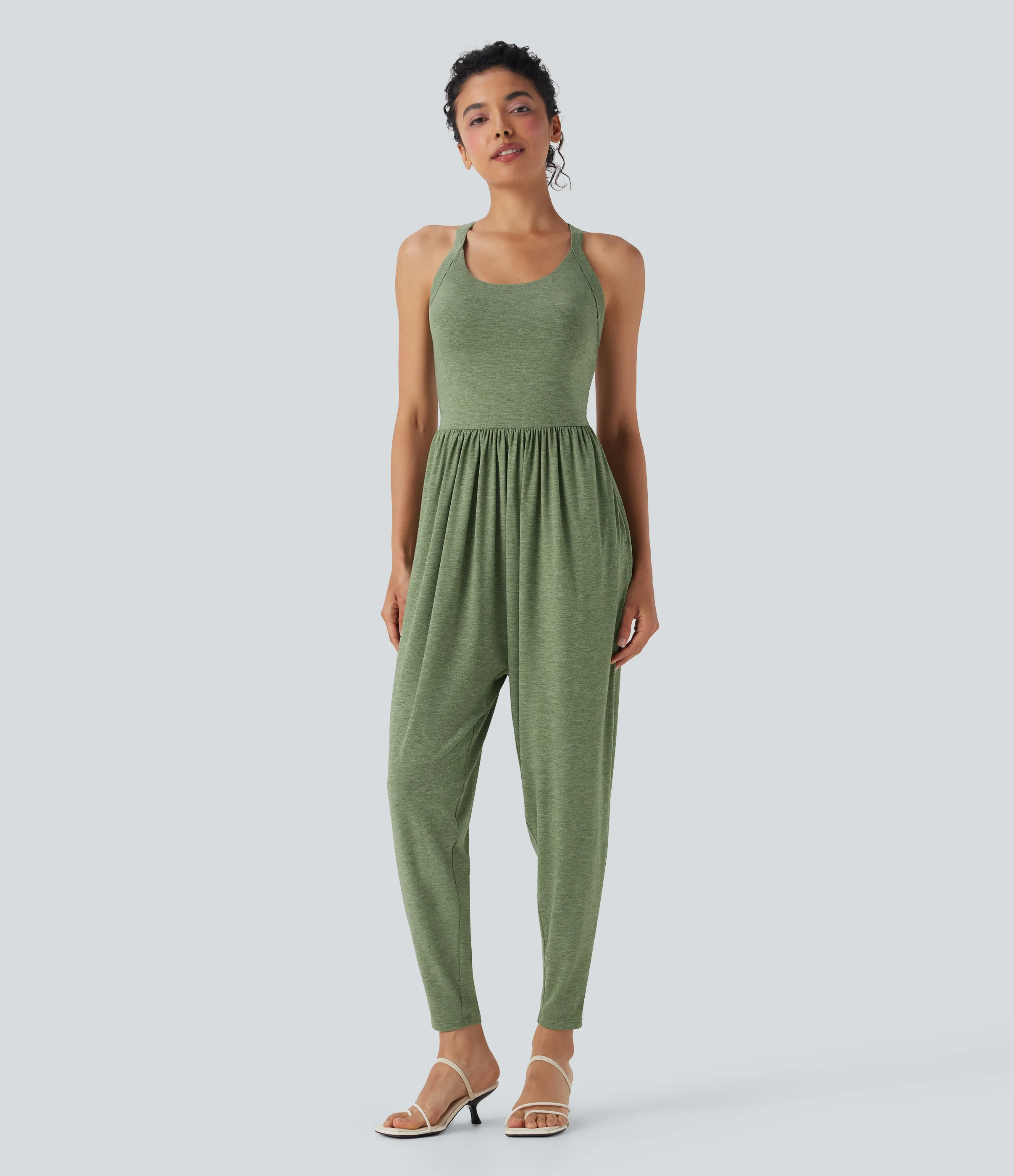 Halara Jumpsuit casual tipo harem con escote en U y bolsillos edición Easy Peezy en copas D-F - Light Green Floral Yarn - L(petite) sold by Halara product image thumbnail 3