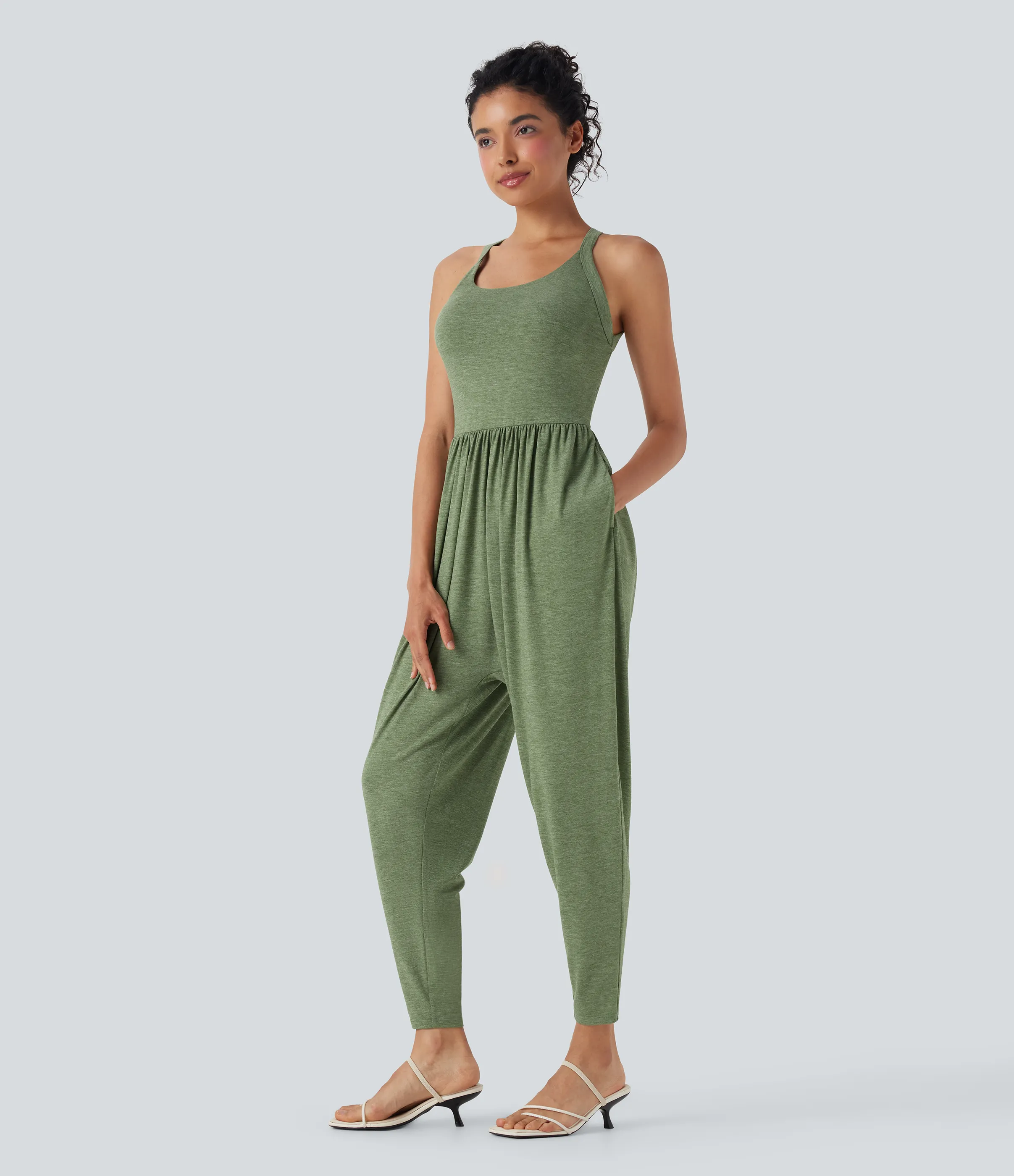 Halara Jumpsuit casual tipo harem con escote en U y bolsillos edición Easy Peezy en copas D-F - Light Green Floral Yarn - L(petite) sold by Halara product image thumbnail 4