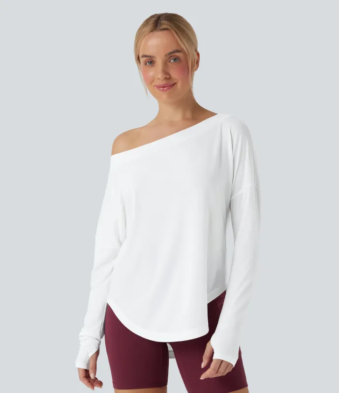 Halara Top deportivo de yoga de secado rápido de manga larga con hombro asimétrico, dobladillo curvo y abertura para el pulgar - White - XL made by Halara