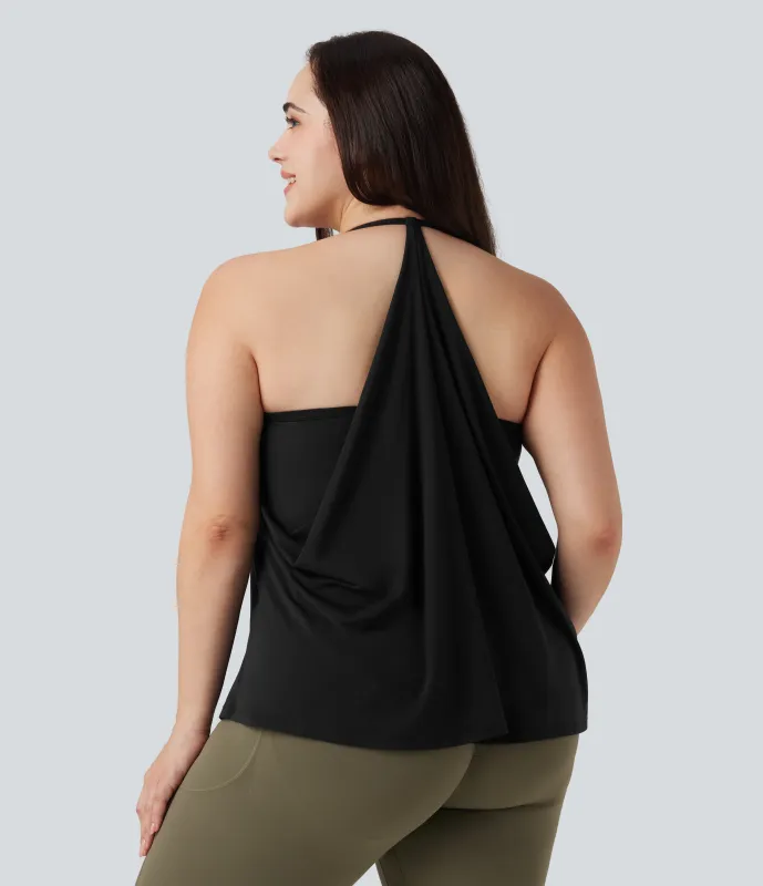 Halara Top deportivo de yoga fluido SoftlyZero™ Airy de talla grande con cuello halter, drapeado y tacto fresco - UPF50+ - Black - 1X sold by Halara