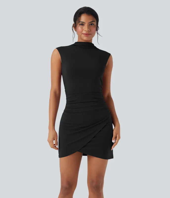 Halara Vestido mini ajustado sin mangas con fruncido, escote cerrado y dobladillo cruzado - Black - XL sold by Halara