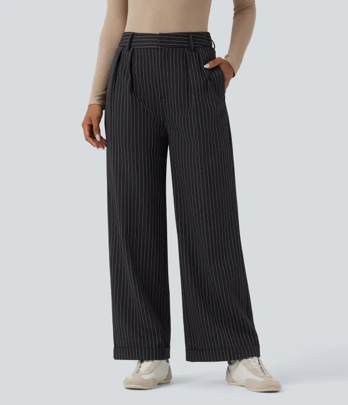 Halara Pantalones de oficina de tiro medio a rayas con pierna ancha y bolsillos - Black White Stripe - XL(regular) sold by Halara