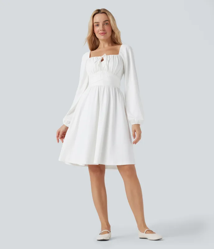 Halara Vestido mini casual con cuello cuadrado de manga larga con encaje, corsé y lazo en la espalda - White - XS sold by Halara