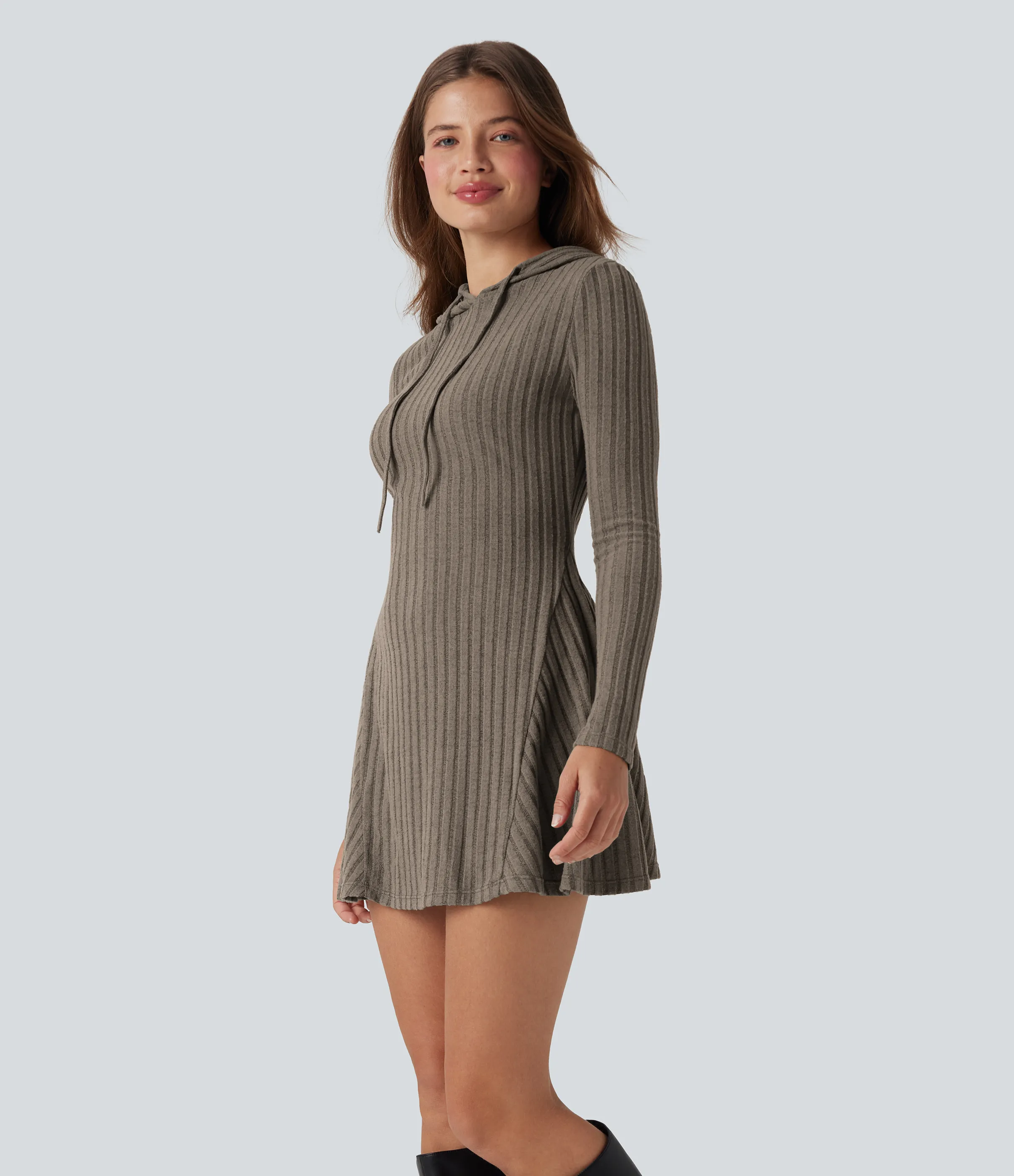 Halara Vestido casual mini de manga larga con capucha y cordón ajustable de punto acanalado - Mottled Wood Brown - XL sold by Halara product image thumbnail 4