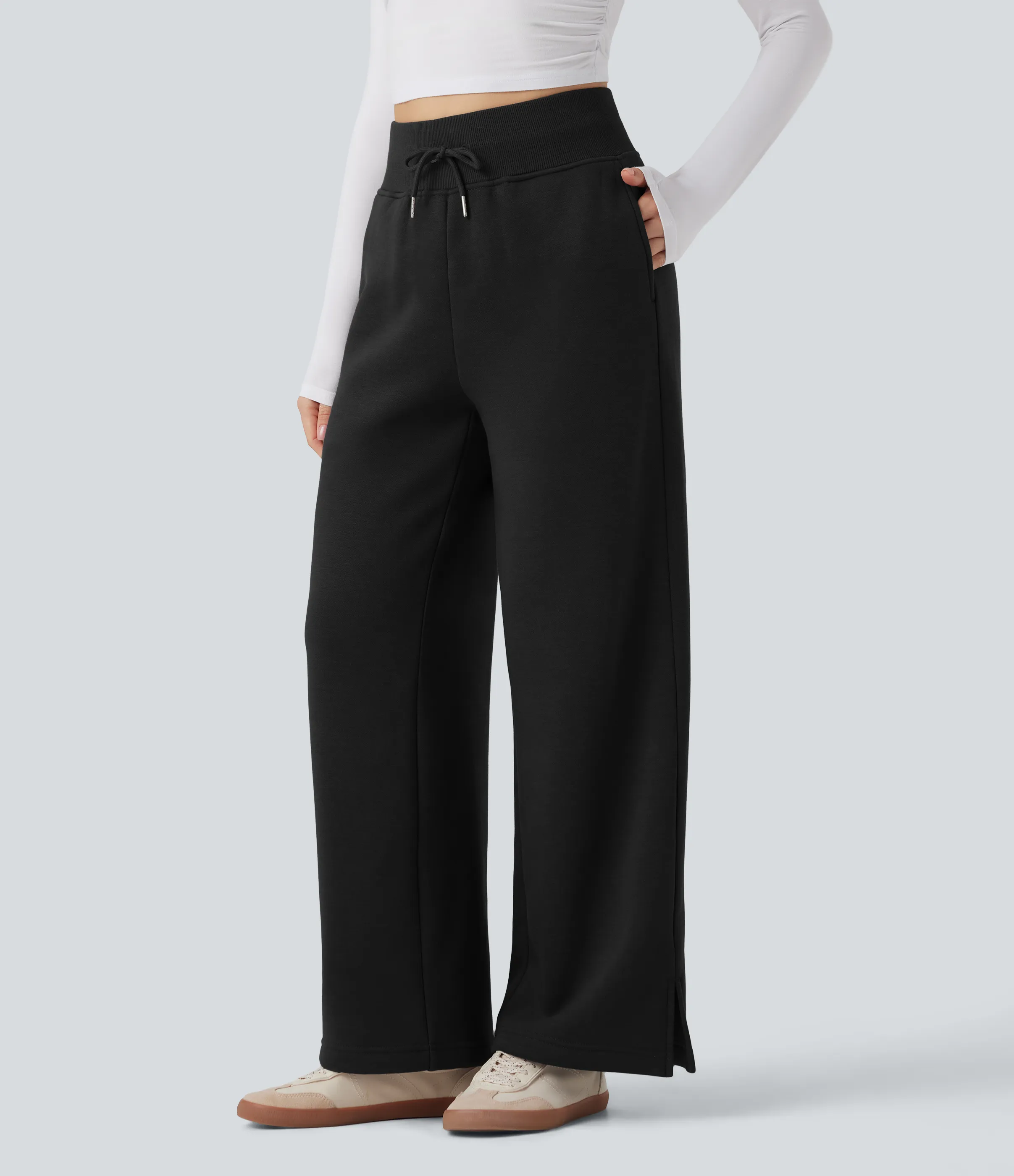 Halara Pantalones casuales rectos con polar de tiro alto con cordón ajustable, dobladillo dividido y bolsillos - Black - XL(regular) sold by Halara