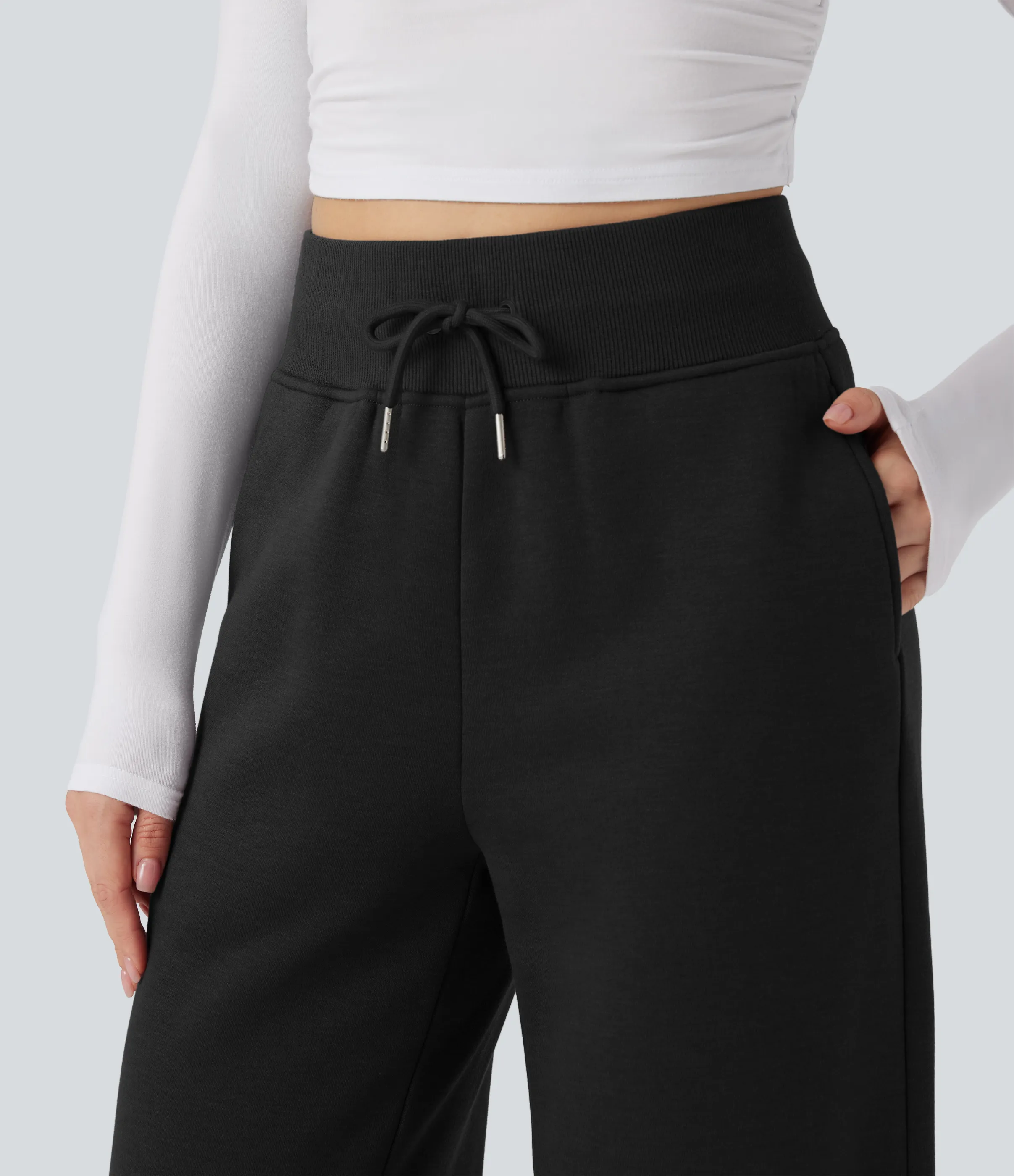 Halara Pantalones casuales rectos con polar de tiro alto con cordón ajustable, dobladillo dividido y bolsillos - Black - XL(regular) sold by Halara product image thumbnail 5