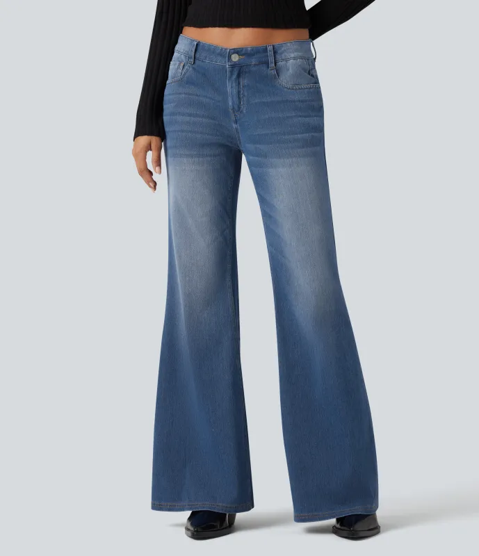 Halara Jeans casuales Halara Flex™ acampanados de tiro bajo con lavado y bolsillos - Tide Blue Denim - L(petite) sold by Halara