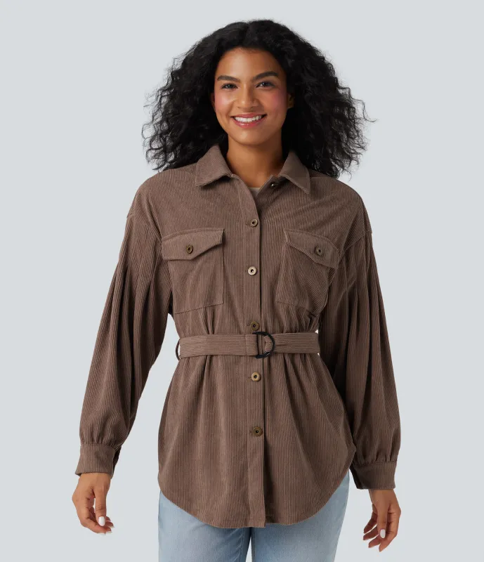 Halara Chamarra casual de pana con dobladillo curvo de manga larga y cinturón con bolsillos - Acorn - XS sold by Halara