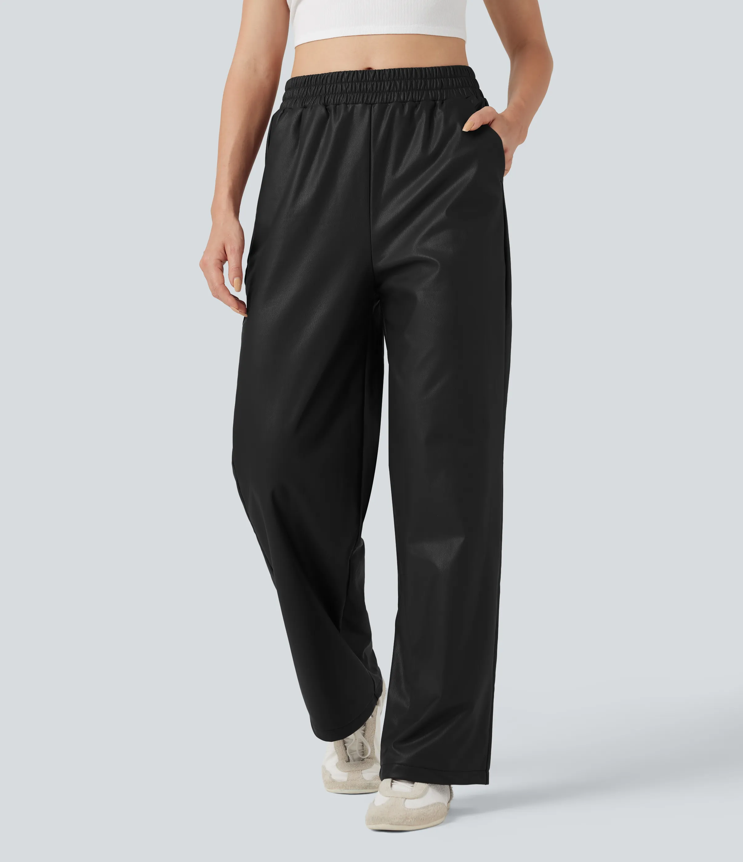 Halara Pantalones casuales de cuero sintético con tiro alto y pierna recta con bolsillos - Black - S(regular) sold by Halara product image thumbnail 4