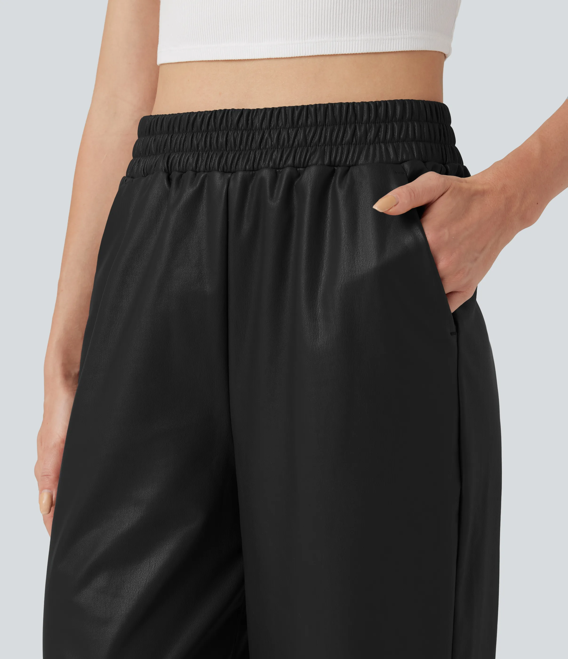 Halara Pantalones casuales de cuero sintético con tiro alto y pierna recta con bolsillos - Black - S(regular) sold by Halara product image thumbnail 5