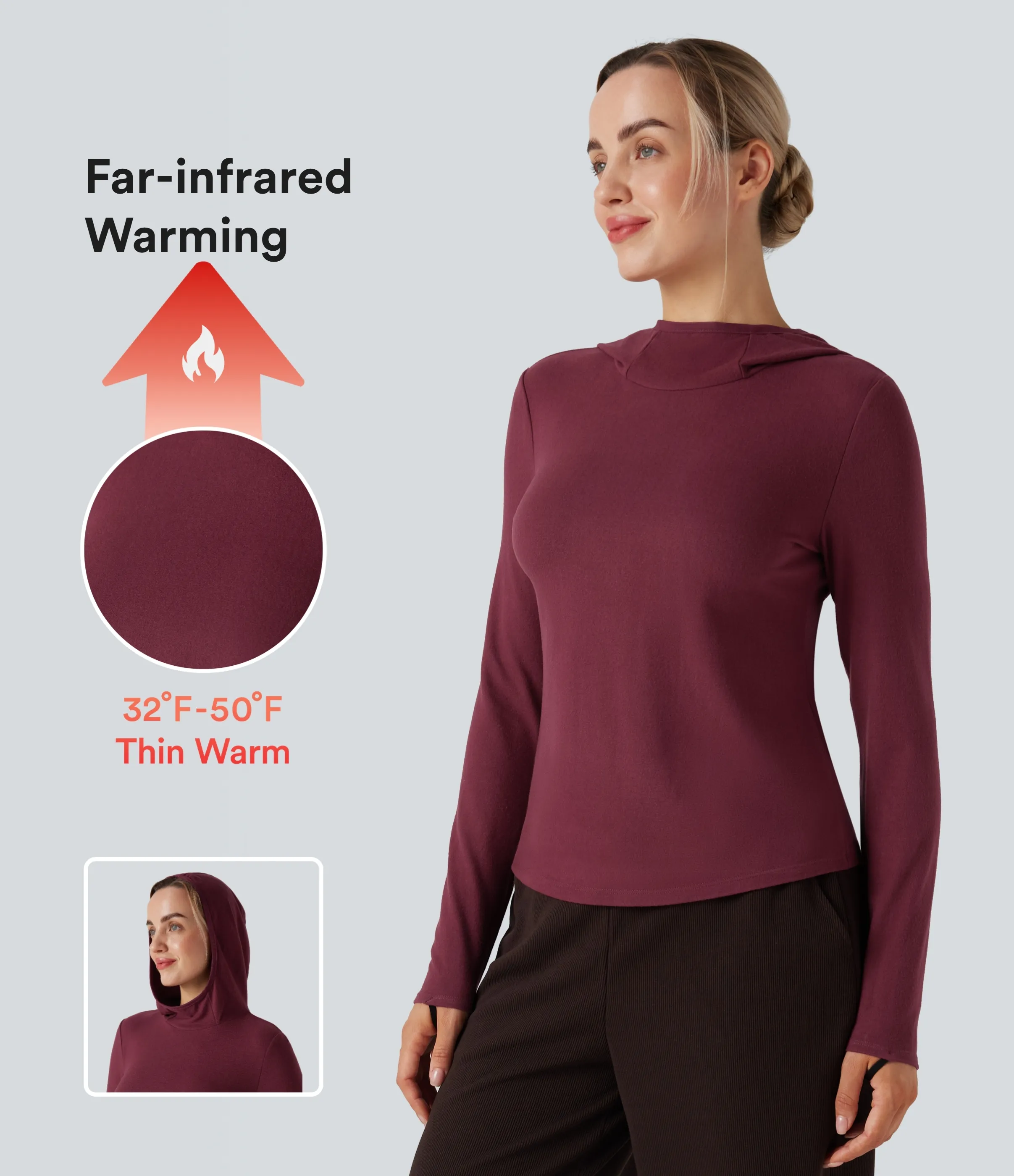 Halara Camiseta deportiva cálida de manga larga con capucha y agujeros para los pulgares para senderismo - Cordovan - XS sold by Halara product image thumbnail 2