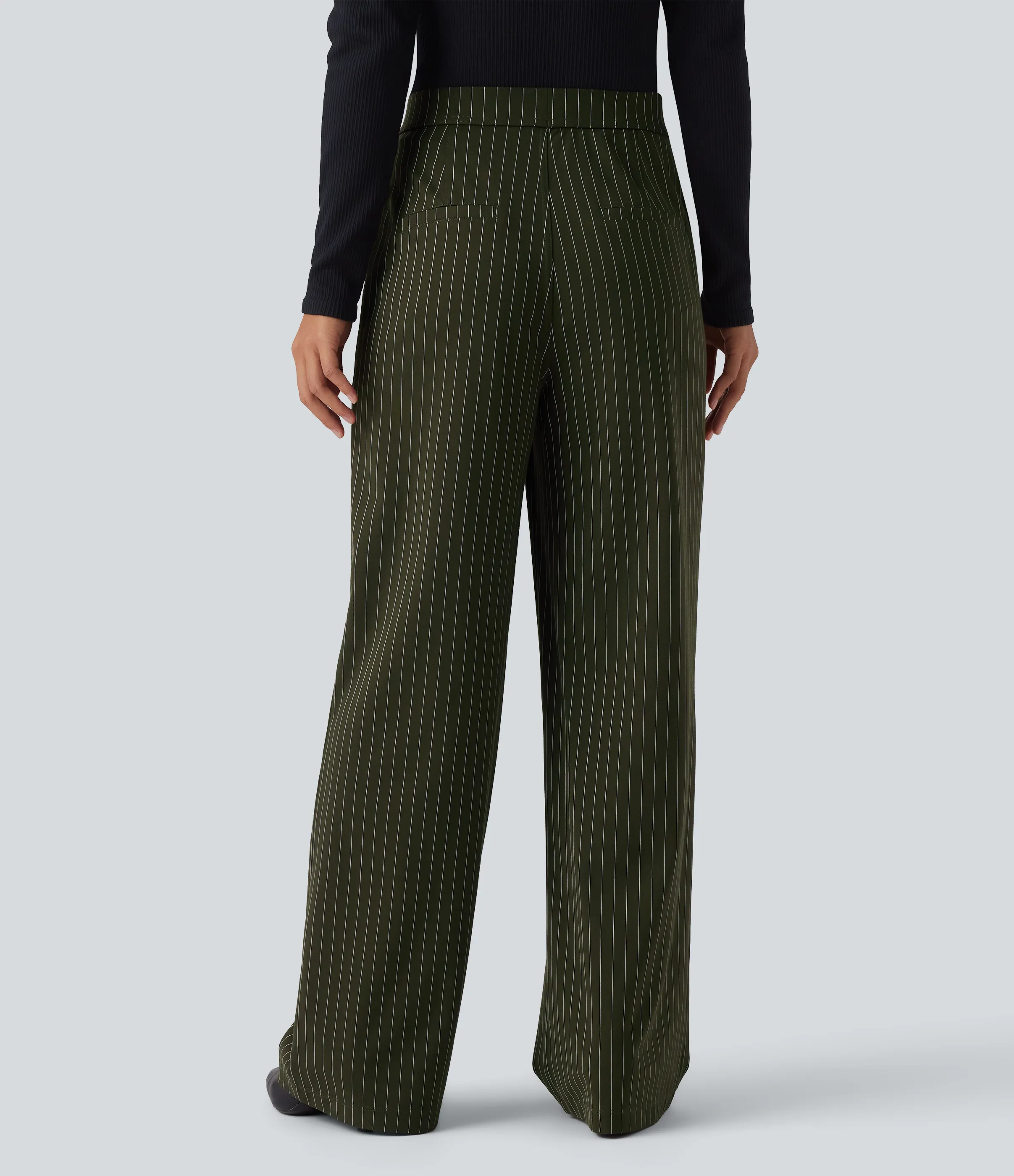 Halara Pantalones de oficina rectos de tiro alto con rayas y tacto fresco con bolsillos - Olive Stripe - S(regular) sold by Halara product image thumbnail 2