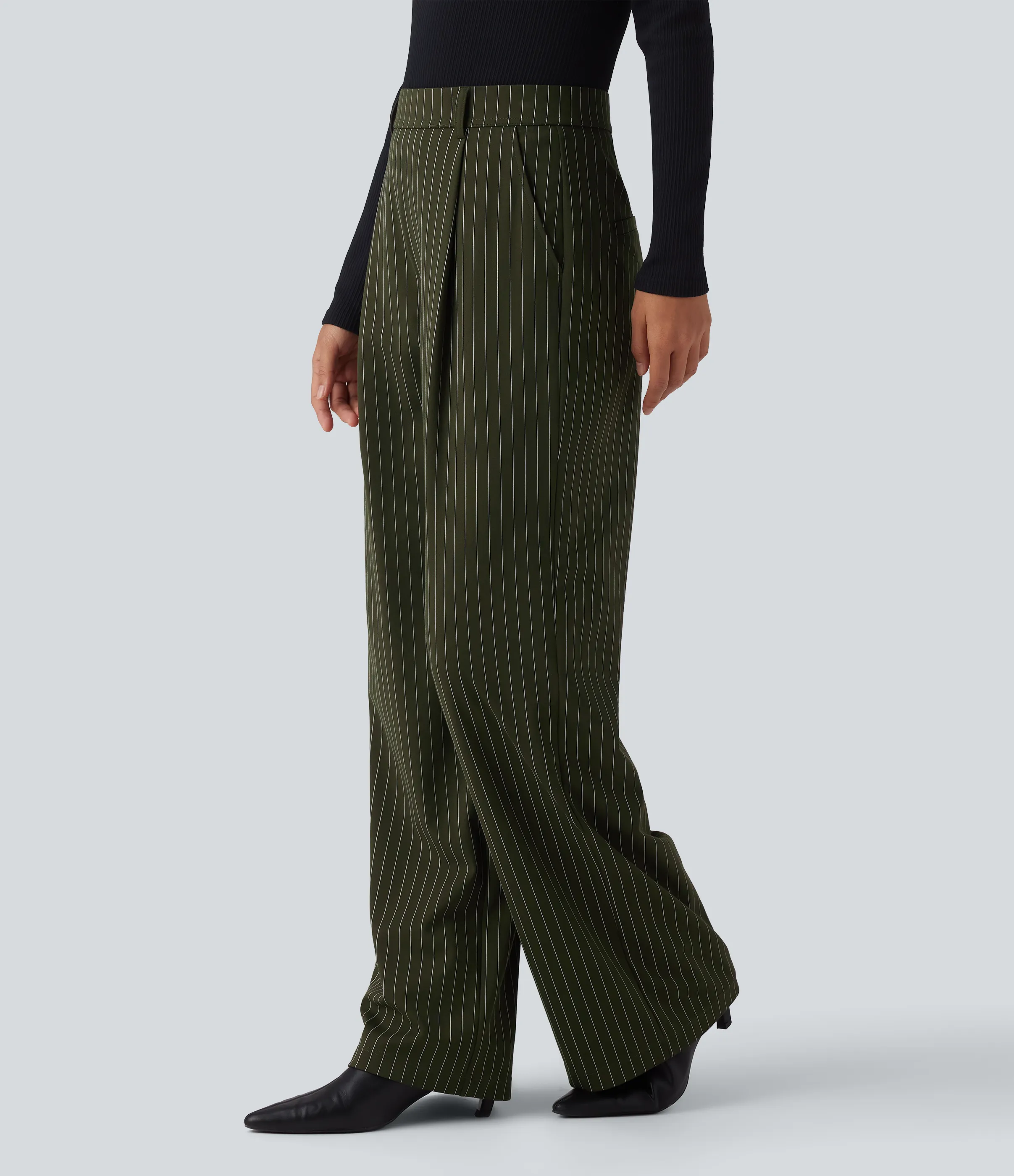 Halara Pantalones de oficina rectos de tiro alto con rayas y tacto fresco con bolsillos - Olive Stripe - S(regular) sold by Halara product image thumbnail 4