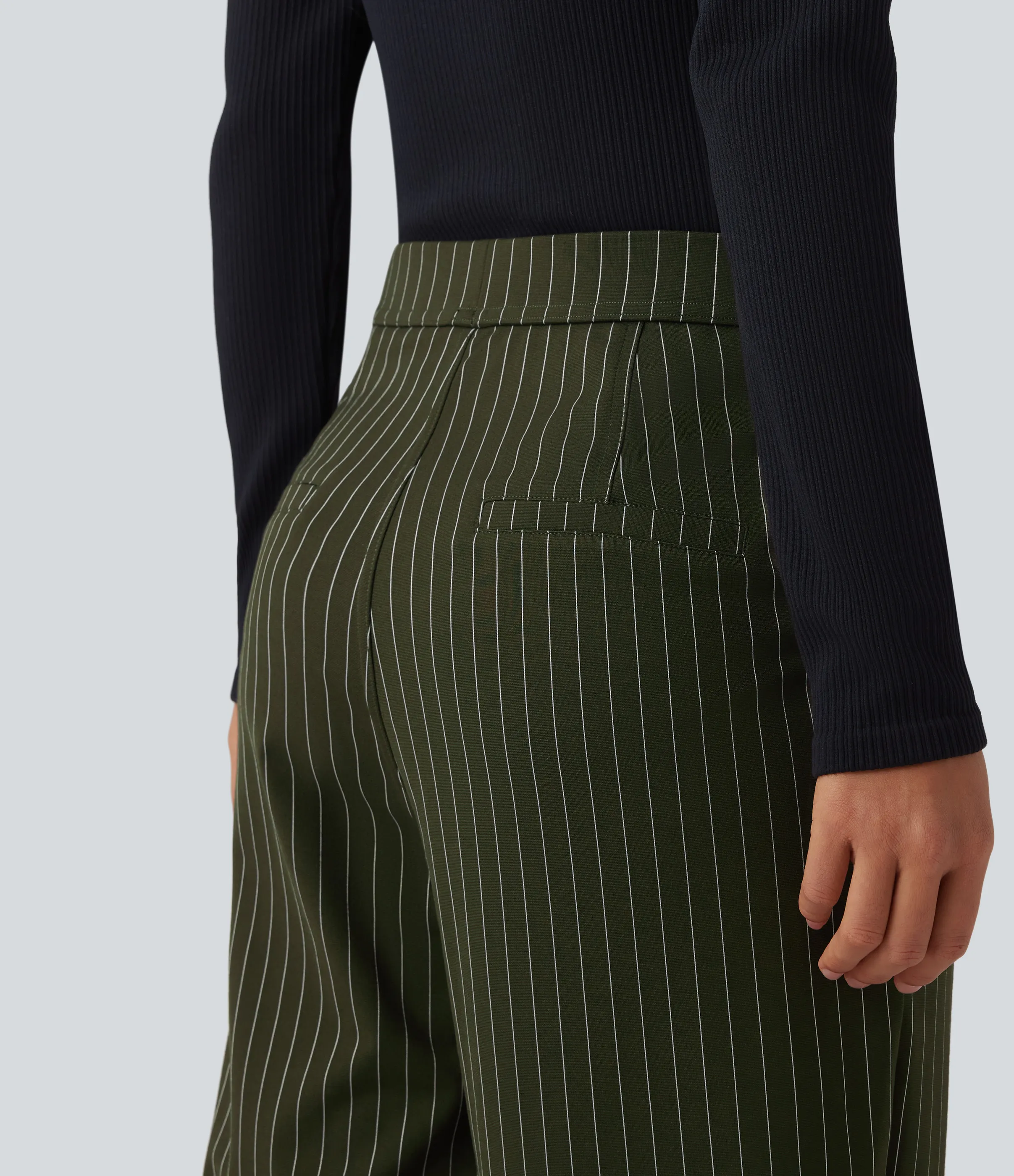 Halara Pantalones de oficina rectos de tiro alto con rayas y tacto fresco con bolsillos - Olive Stripe - S(regular) sold by Halara product image thumbnail 5