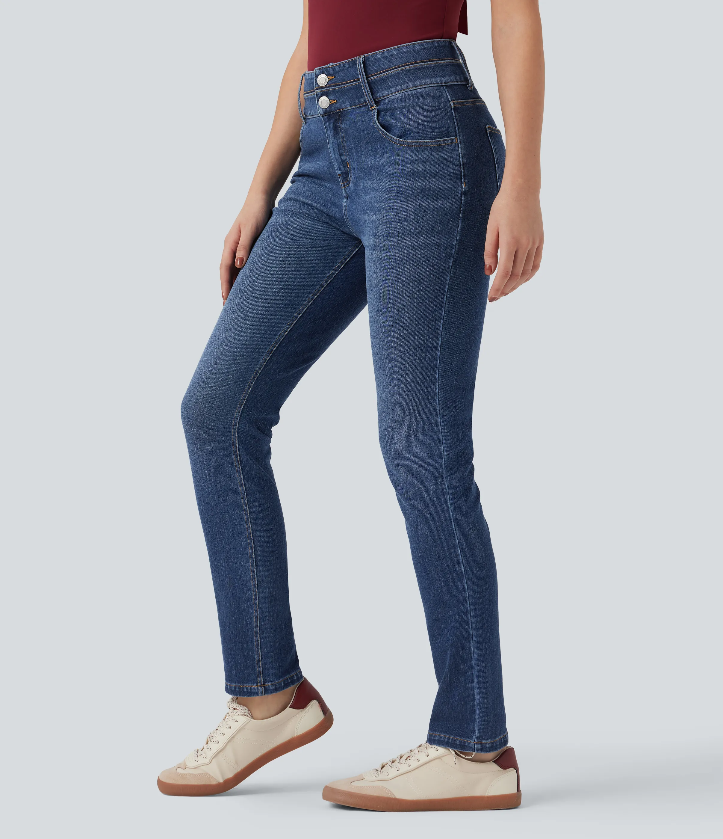 Halara Jeans ajustados casuales Halara Flex™ de tiro medio con cintura doble y bolsillos - Estate Blue Denim - M(regular) sold by Halara product image thumbnail 4