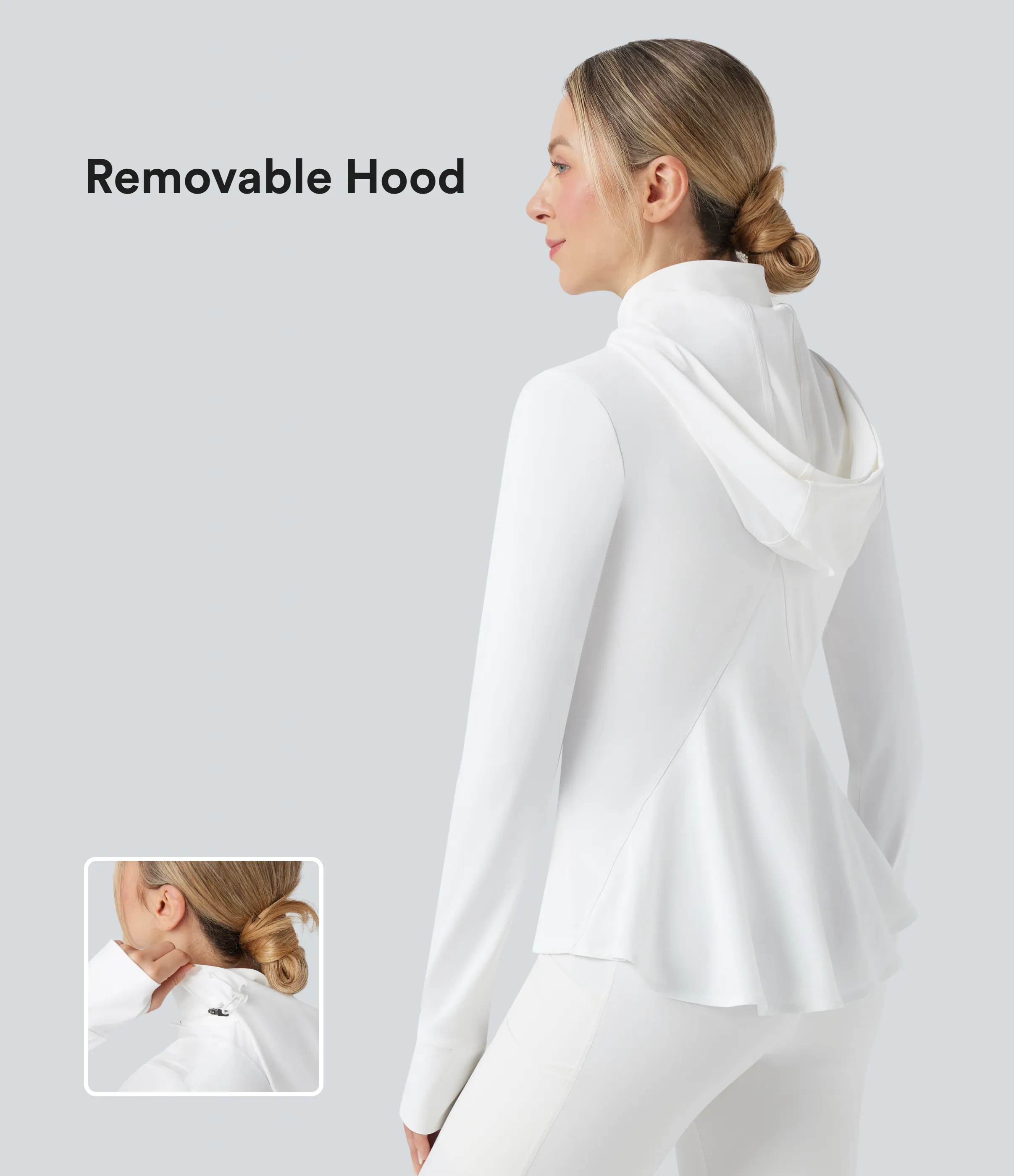 Halara Chamarra de senderismo ajustada con capucha extraíble, agujeros para pulgares y dobladillo con volantes - White - S sold by Halara