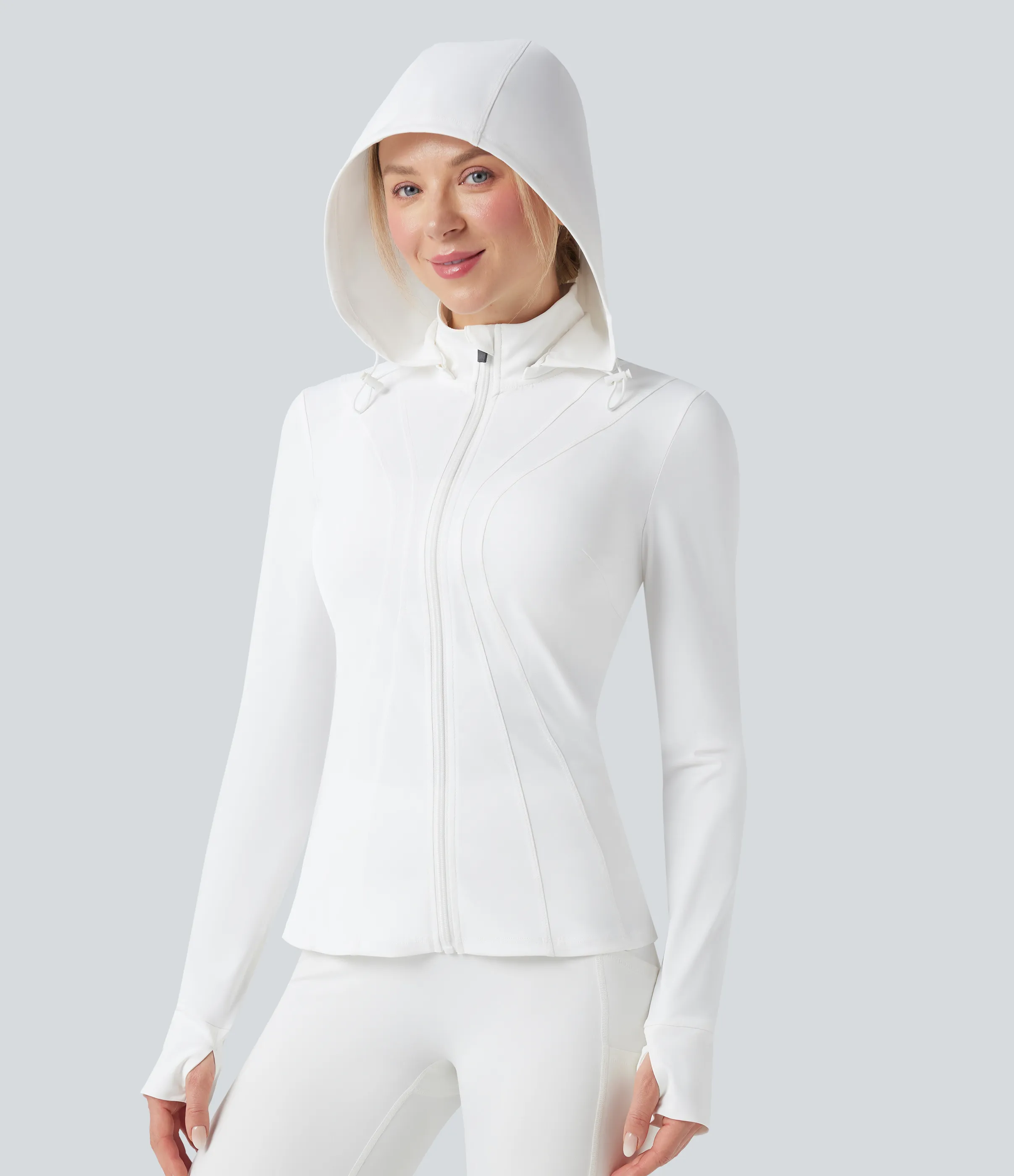 Halara Chamarra de senderismo ajustada con capucha extraíble, agujeros para pulgares y dobladillo con volantes - White - S sold by Halara product image thumbnail 5